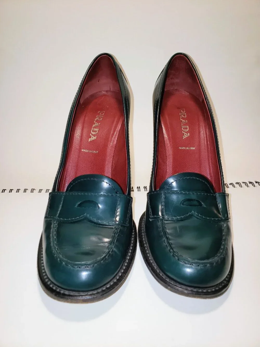 Prada Green Leather Penny Loafer Luxury Heels EU 38 39 US 8.5 Made in Italy - Picture 9 of 11